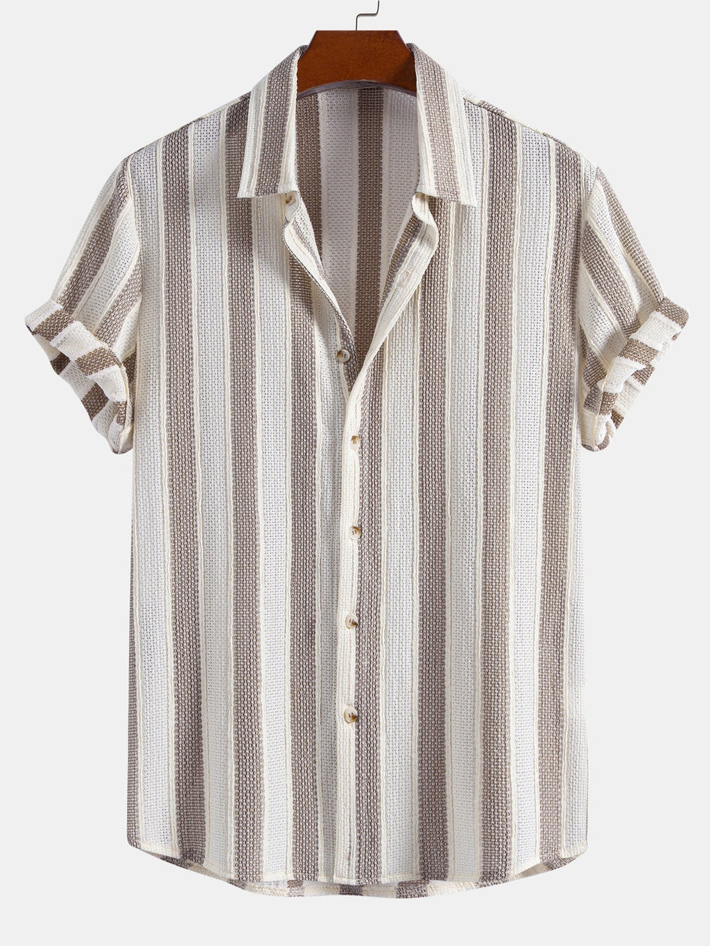 Textured Striped Button Up Shirt & Crinkle Textured Drawstring 5" Shorts