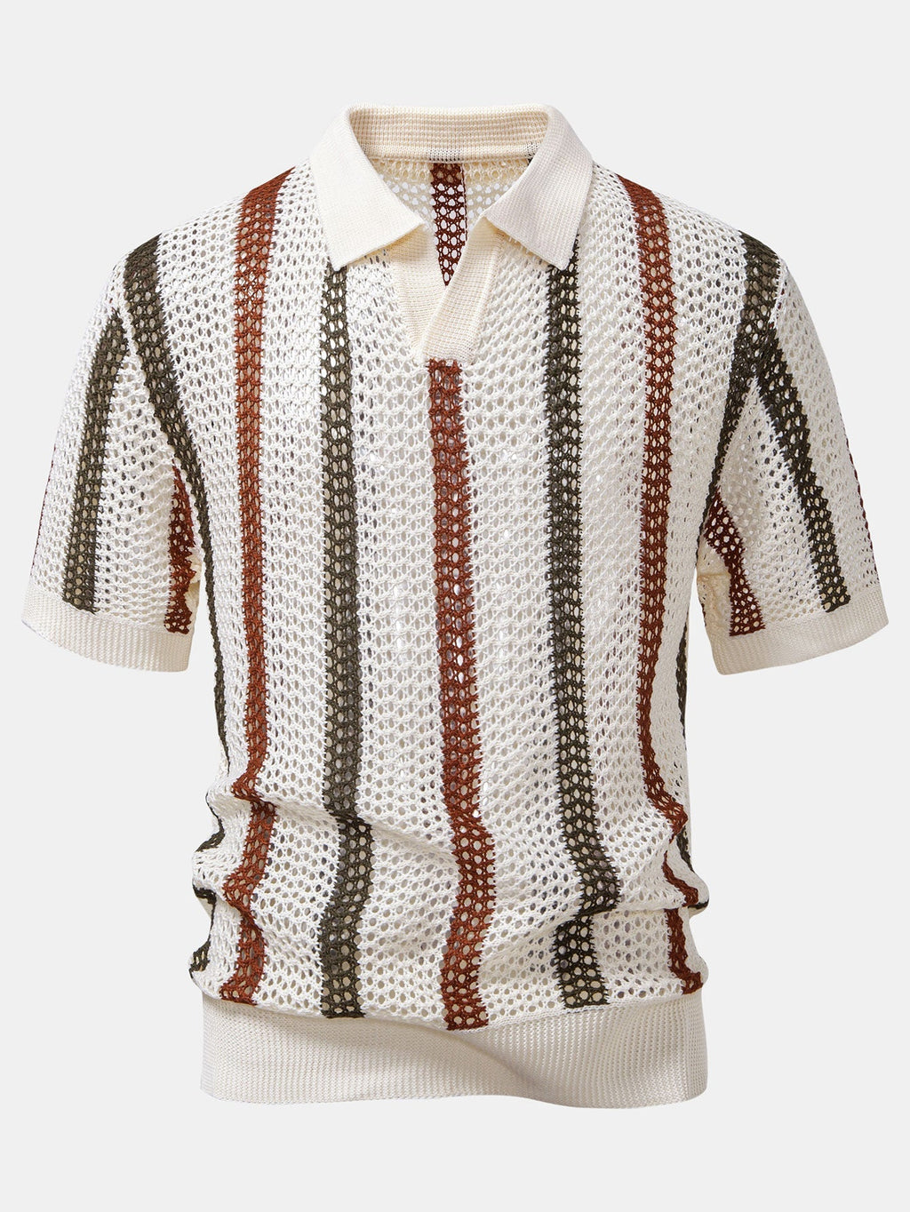 Striped Crochet V Neck Polo & Crinkle Textured Drawstring 5" Shorts
