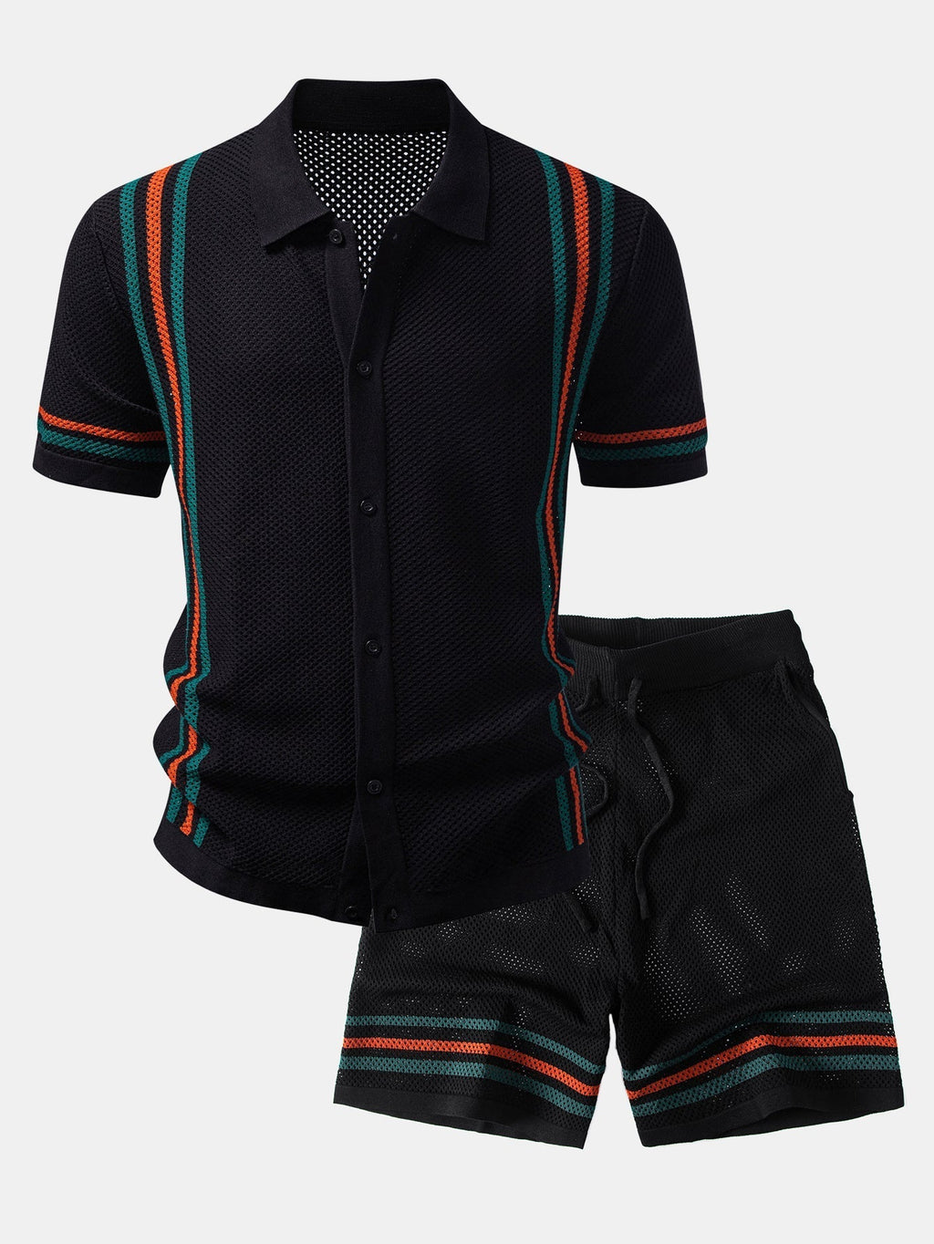Stripe Button Up Open Knit Shirt & Drawstring Shorts