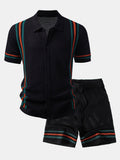 Stripe Button Up Open Knit Shirt & Drawstring Shorts