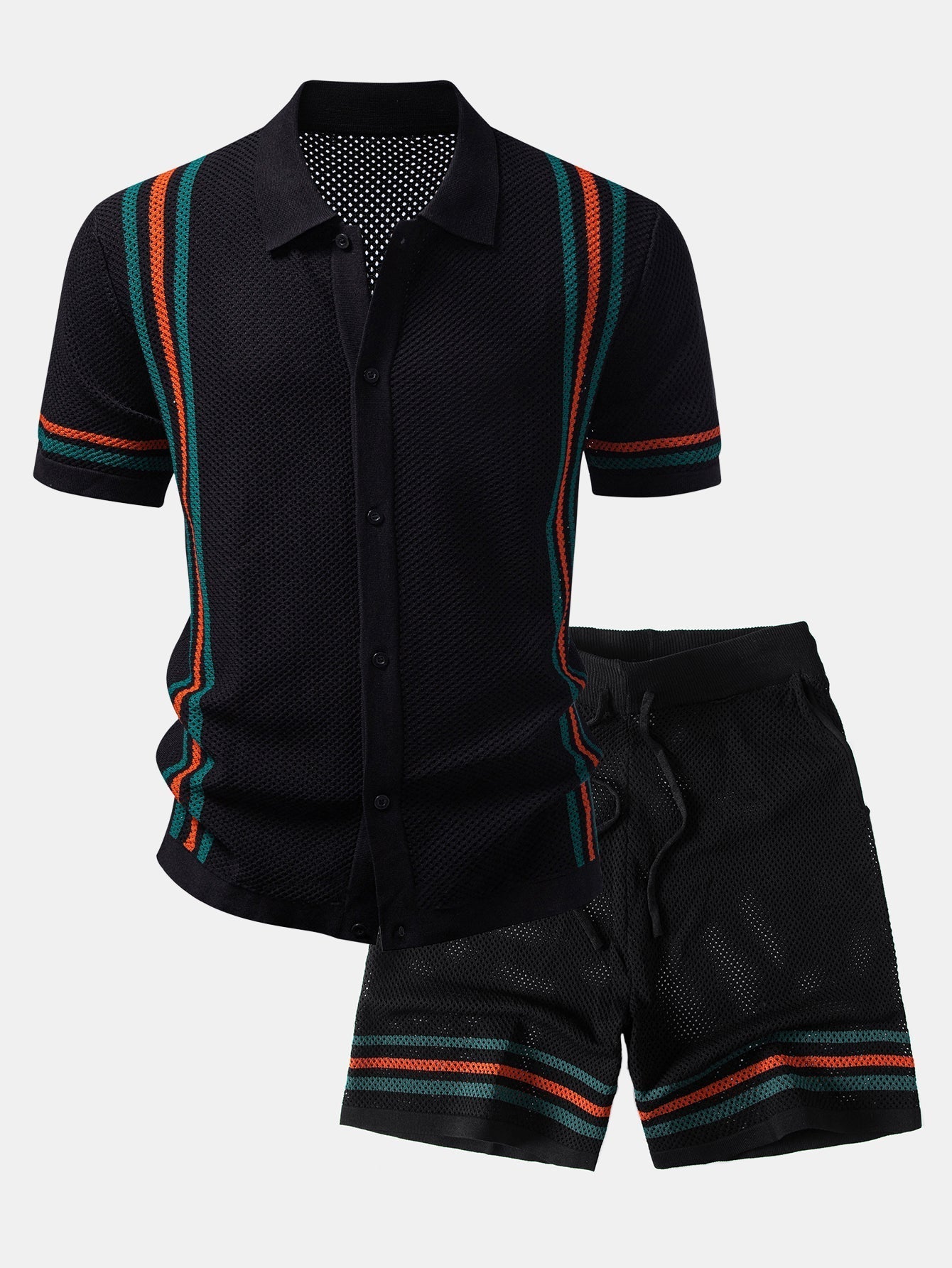 Stripe Button Up Open Knit Shirt & Drawstring Shorts