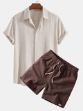 Linen Rayon Blend Button Up Shirt & Linen Blend Drawstring 7" Shorts