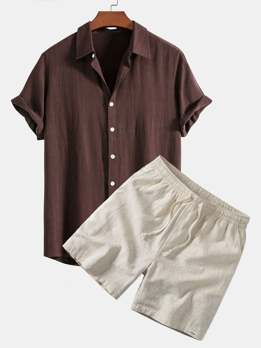 Linen Rayon Blend Button Up Shirt & Linen Blend Drawstring 7" Shorts