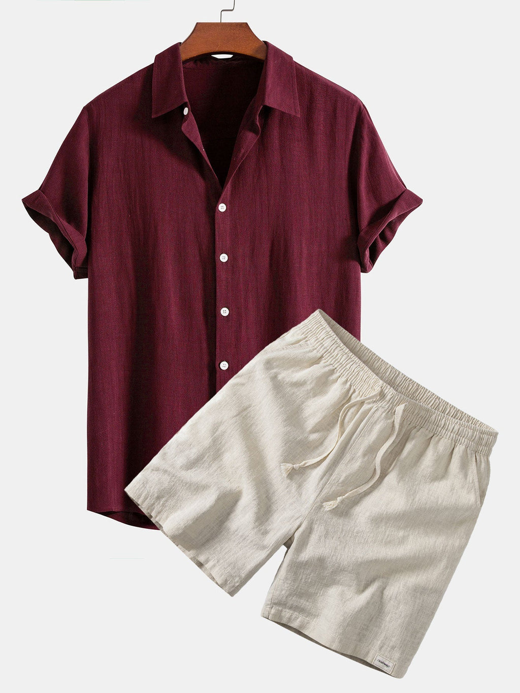 Linen Rayon Blend Button Up Shirt & Linen Blend Drawstring 7" Shorts
