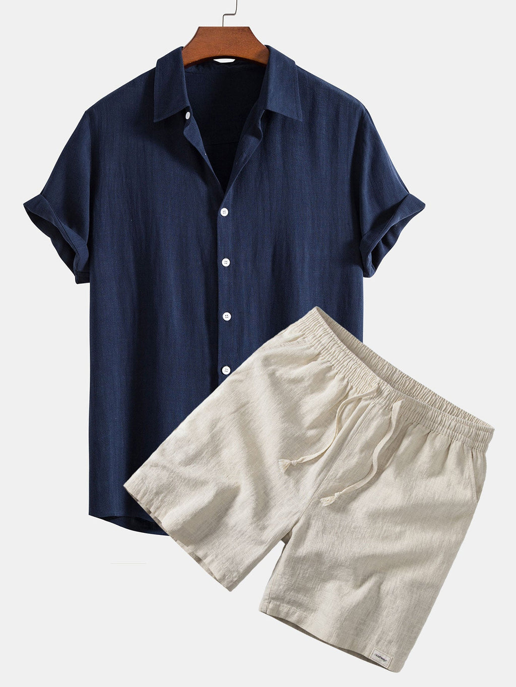 Linen Rayon Blend Button Up Shirt & Linen Blend Drawstring 7" Shorts