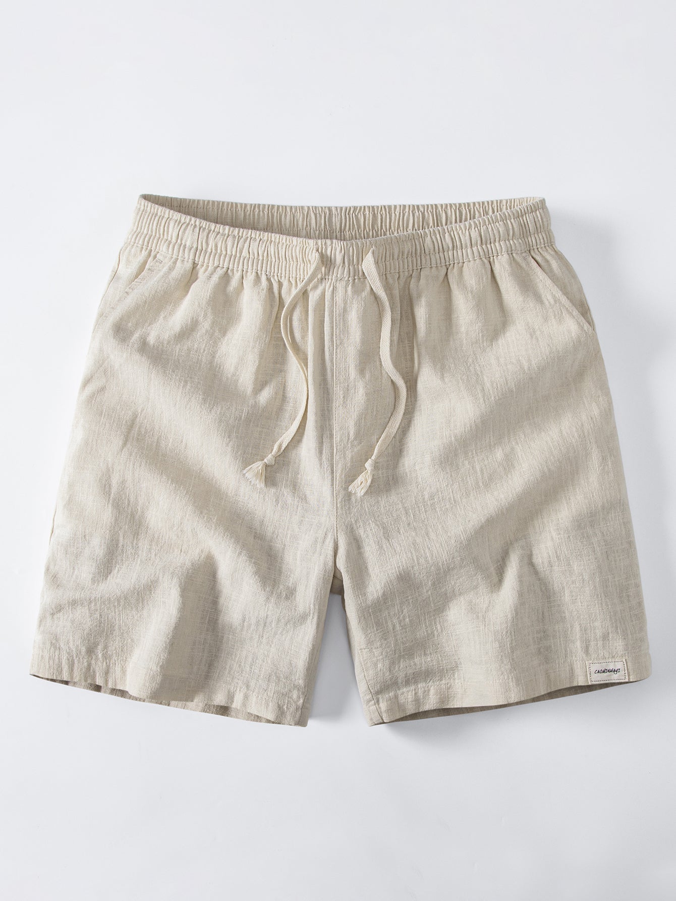 Short Sleeve Linen Look Stand Collar Shirt & Linen Blend Drawstring 7" Shorts