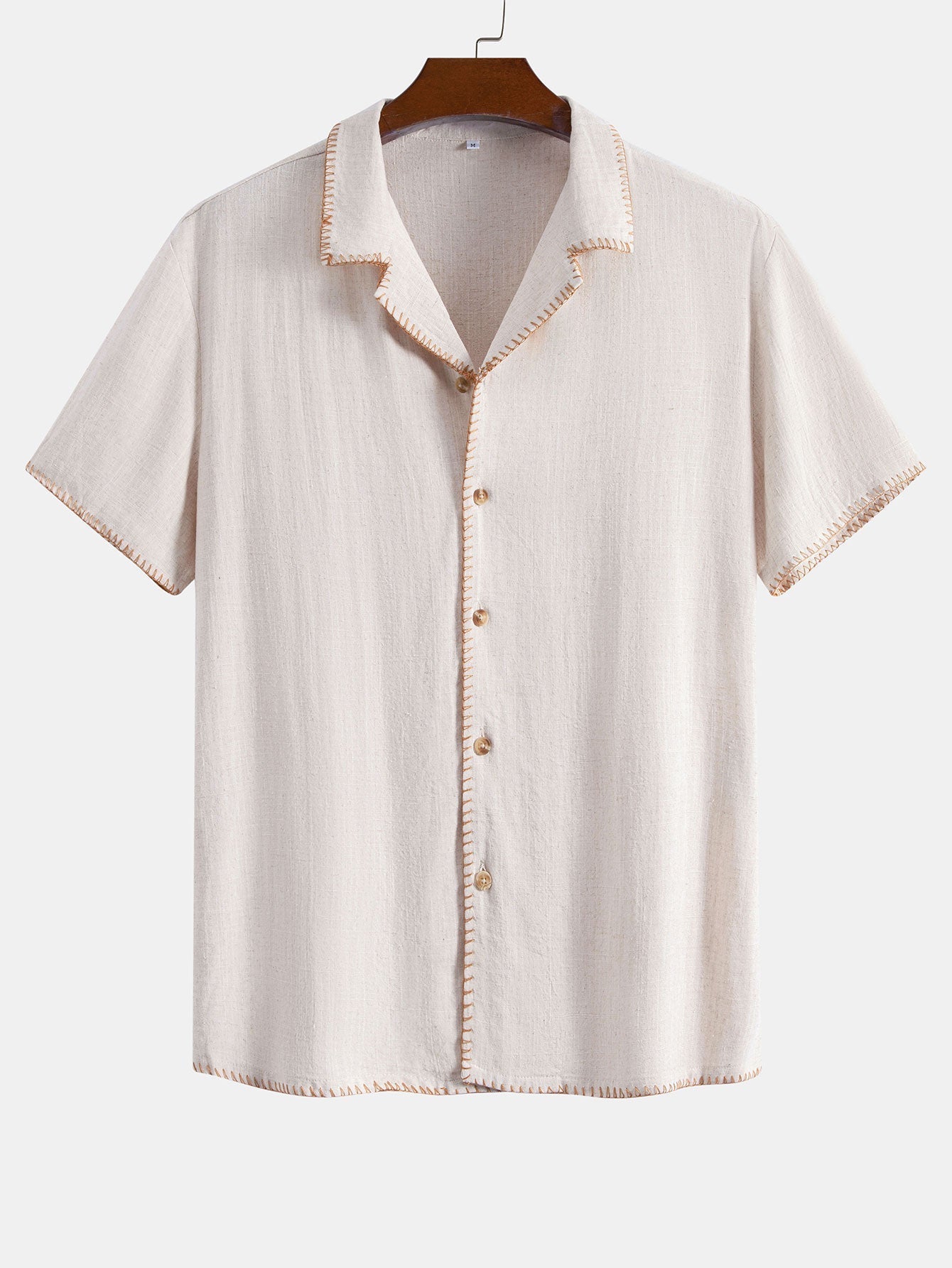 Contrast Stitching Linen Rayon Blend Cuban Shirt & Crinkle Textured Drawstring 5" Shorts