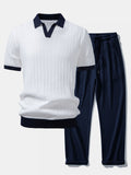Contrast Textured Johnny Collar Knit Polo & Drawstring Knitted Waffle Pants