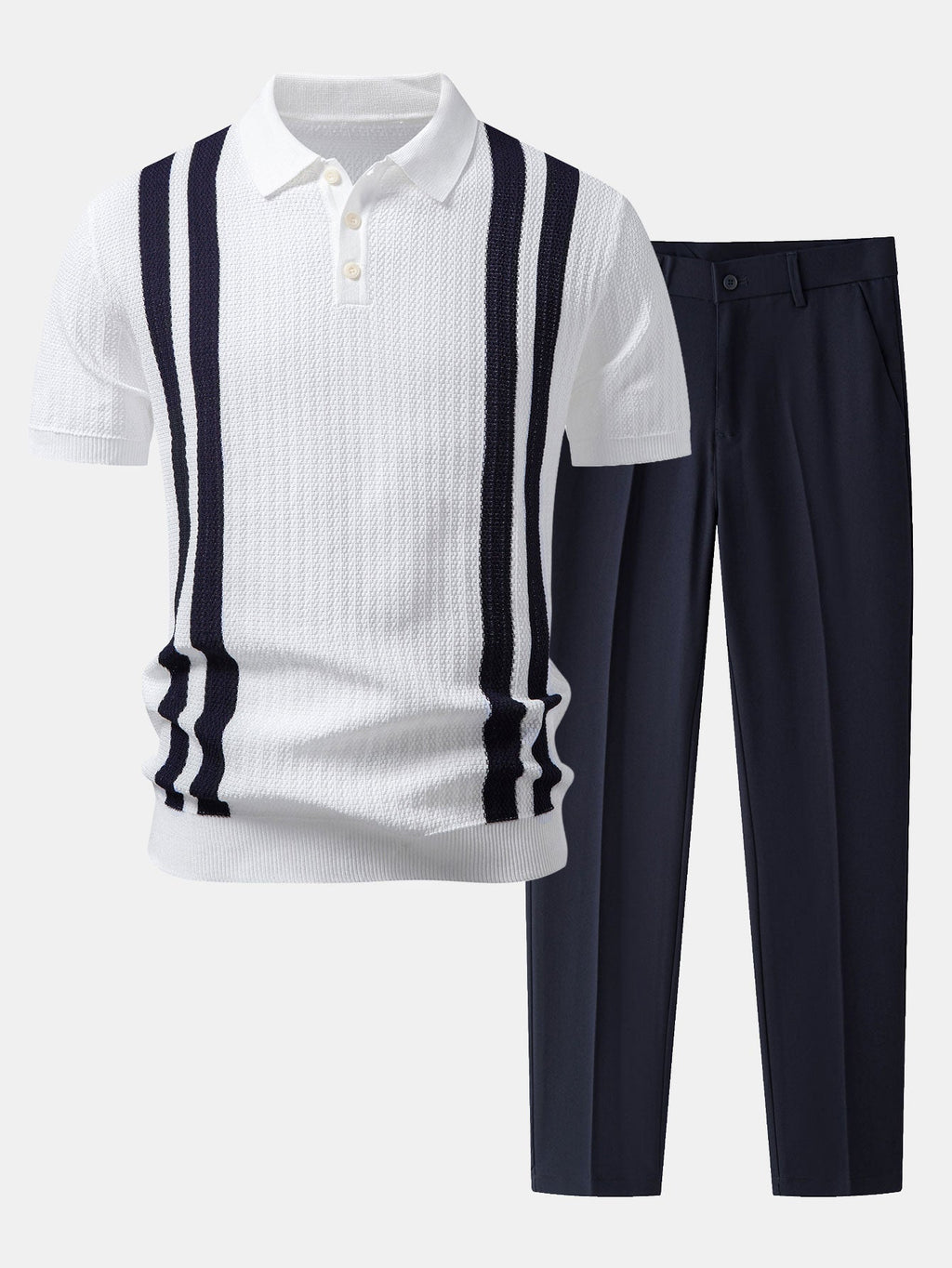 Contrast Textured Knit Polo & Slim Fit Tapered Trousers