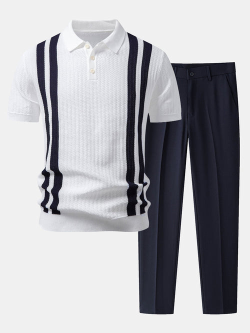 Contrast Textured Knit Polo & Slim Fit Tapered Trousers