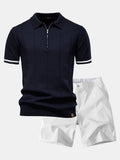 Contrast Trim Zipper Knit Polo Shirt & Elastic Waist Chino Shorts