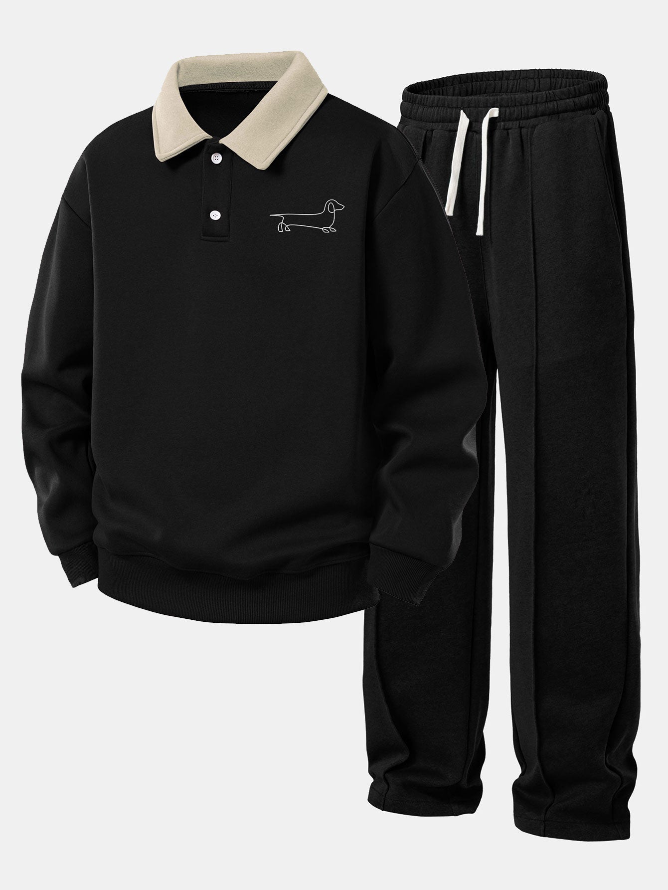 Relax Fit Line Dachshund Print Contrast Polo Sweatshirt & Straight Leg Pleated Pintuck Sweatpants