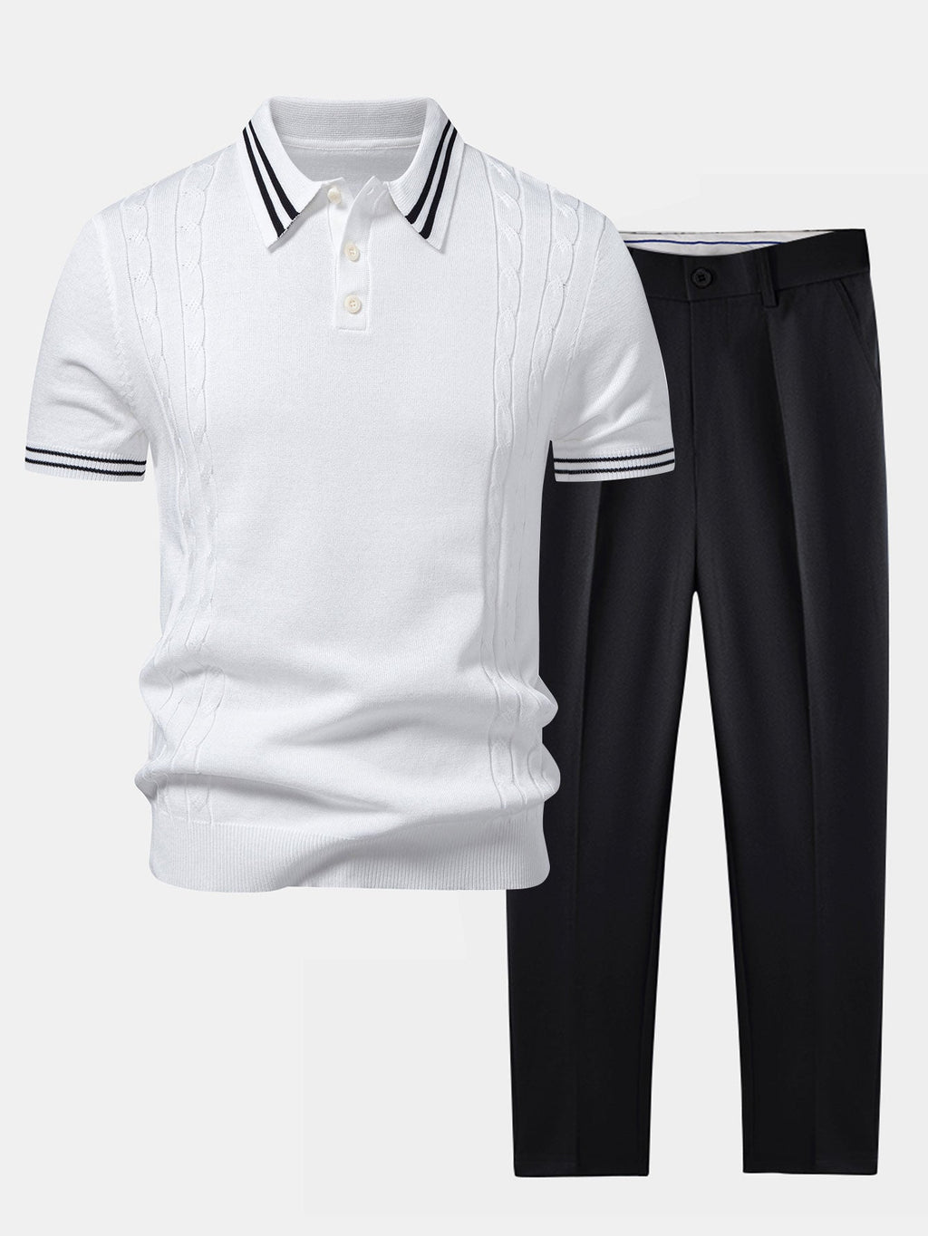 Contrast Trim Twisted Jacquard Knit Polo & Slim Fit Tapered Trousers