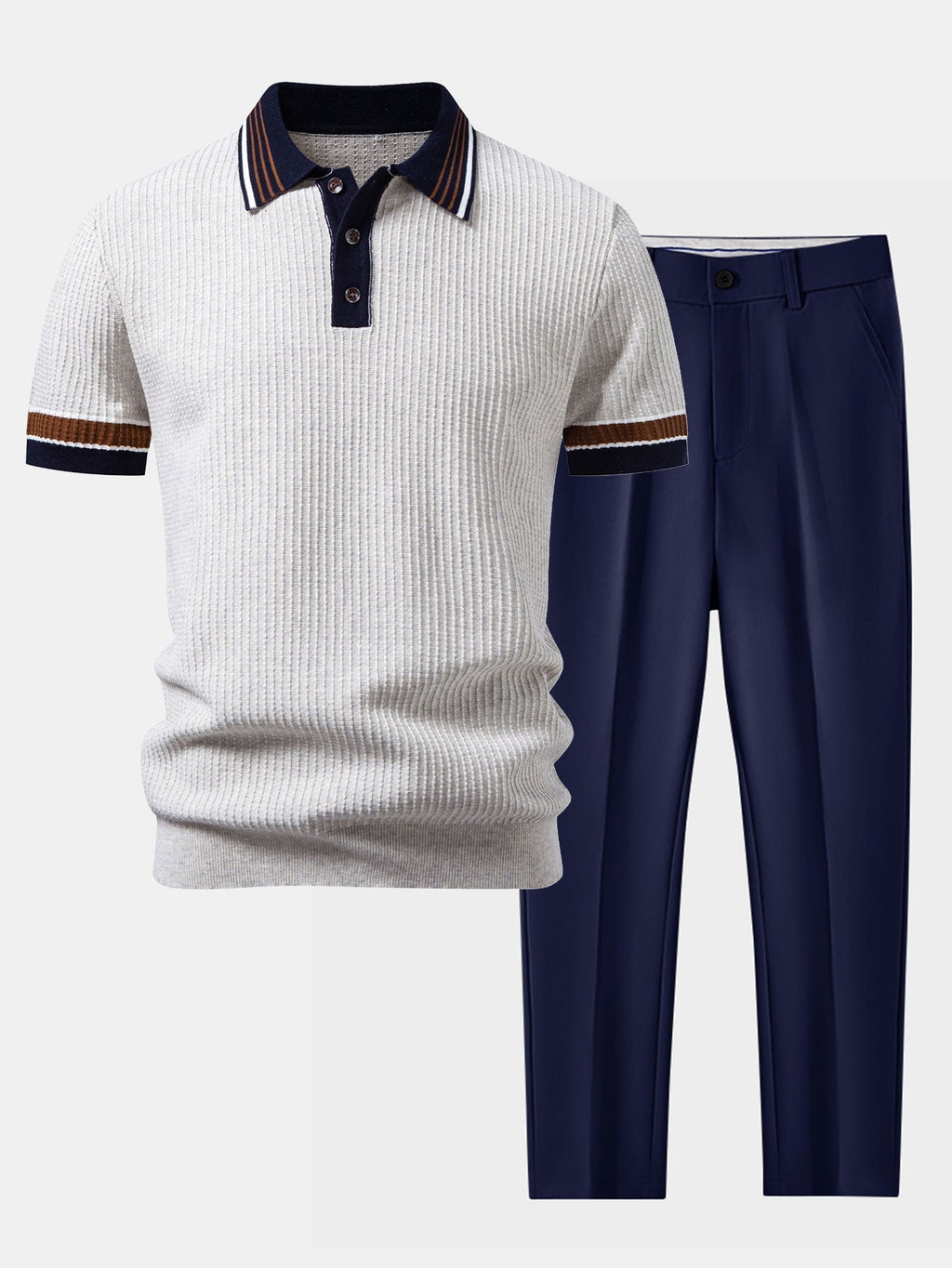 Contrast Stripe Trim Waffle Knit Polo & Slim Fit Tapered Trousers