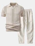 Johnny Collar Striped Open Knit Polo & Straight Leg Linen Pants