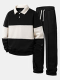 Relax Fit Color Block Polo Collar Sweatshirt & Straight Leg Pleated Pintuck Sweatpants
