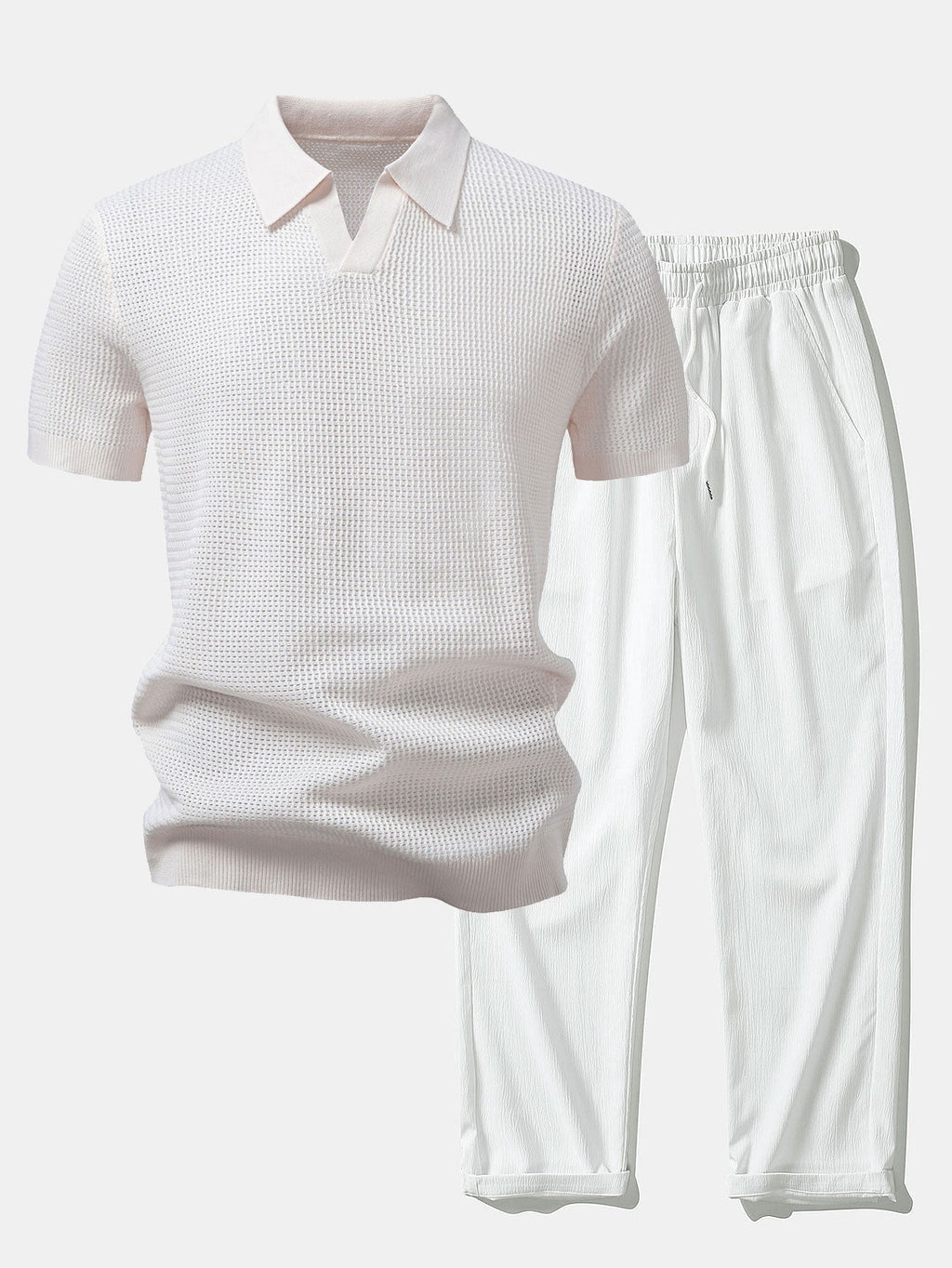 Textured Johnny Collar Crocheted Knit Polo & Crinkle Textured Straight Leg Pants