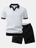 Contrast Trim Ribbed Johnny Collar Knit Polo & Elastic Waist Chino Shorts