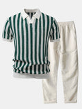Stripe Johnny Collar Open Knit Polo & Straight Leg Linen Pants