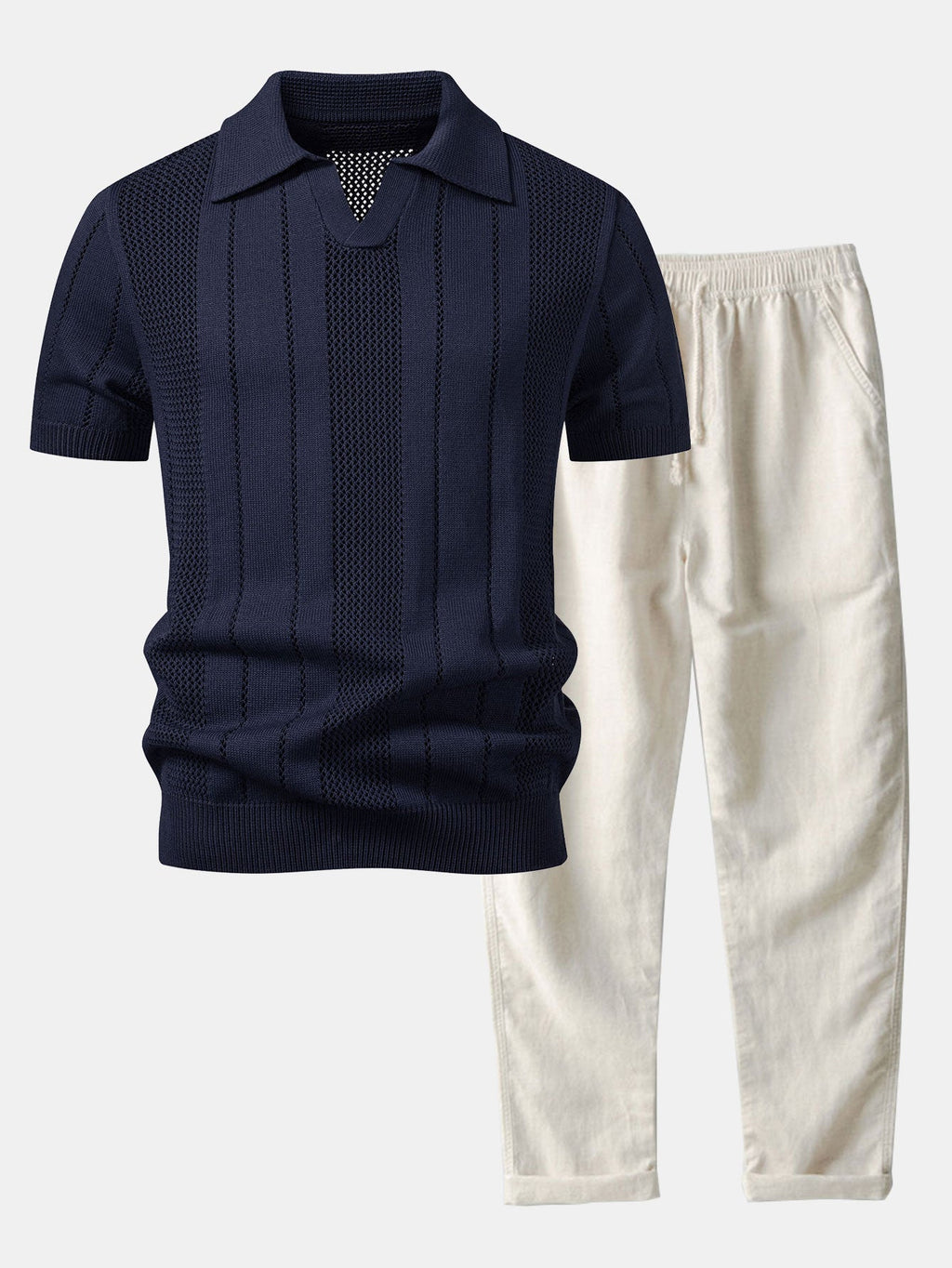 Johnny Collar Striped Open Knit Polo & Straight Leg Linen Pants