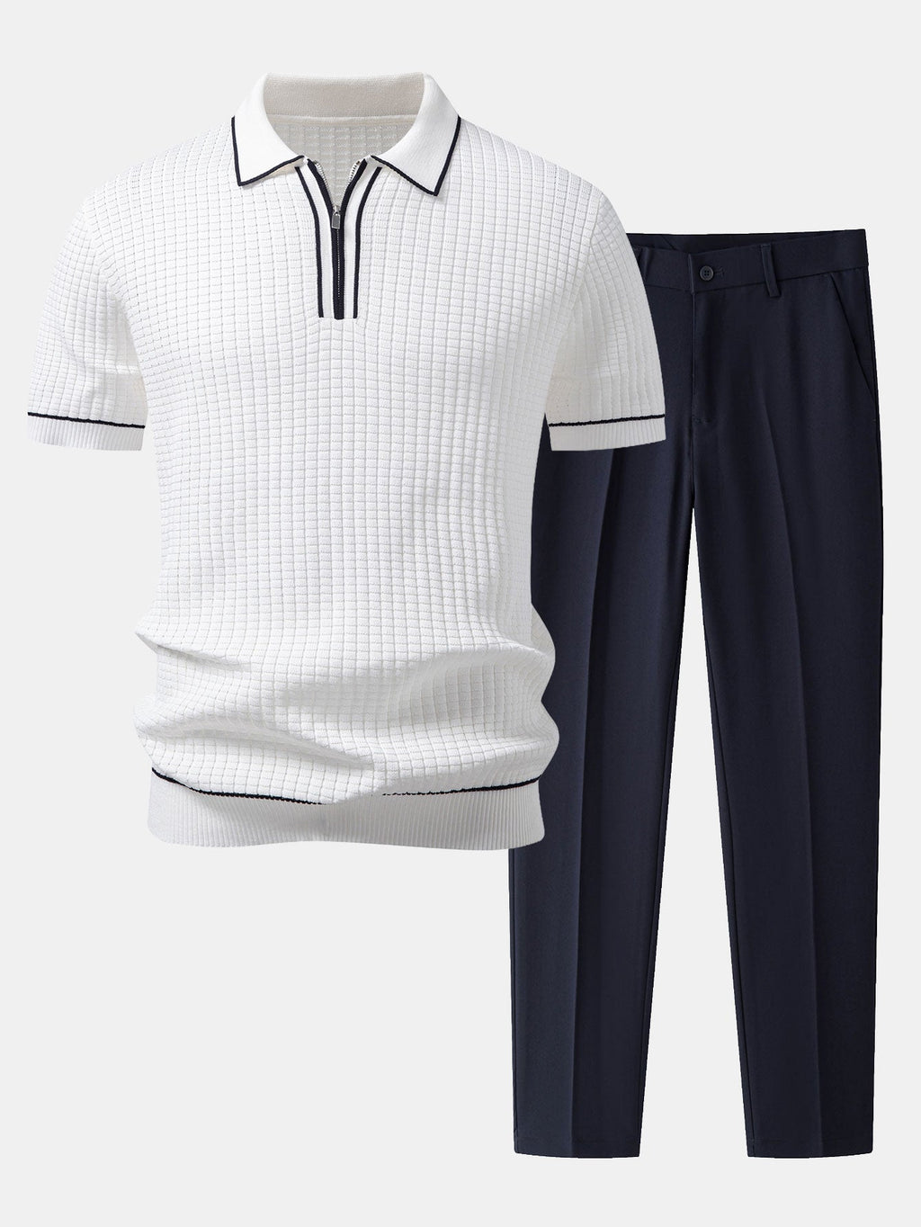 Contrast Trim Waffle Zipper Knit Polo & Slim Fit Tapered Trousers