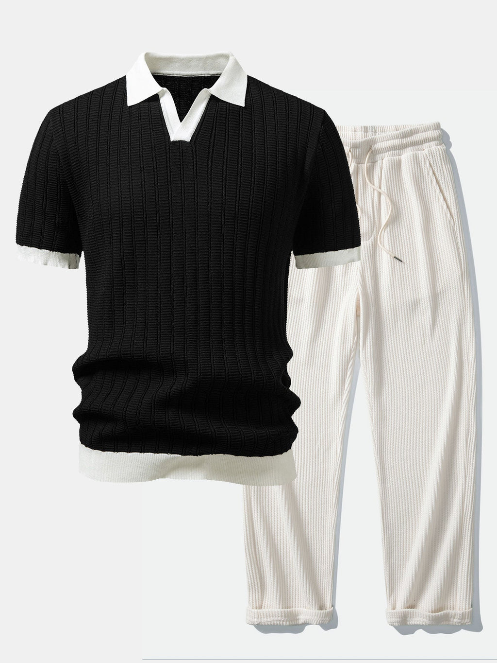 Contrast Textured Johnny Collar Knit Polo & Drawstring Knitted Waffle Pants