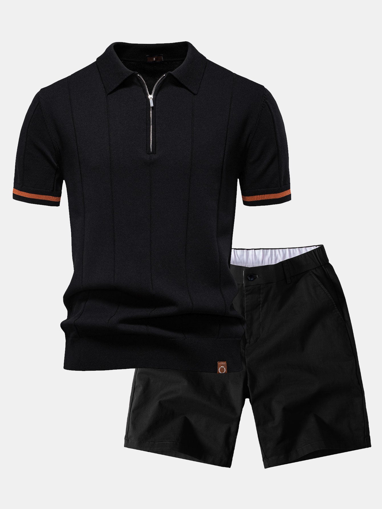 Contrast Trim Zipper Knit Polo Shirt & Elastic Waist Chino Shorts