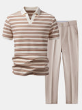 Stripe Waffle Johnny Collar Polo & Slim Fit Tapered Trousers