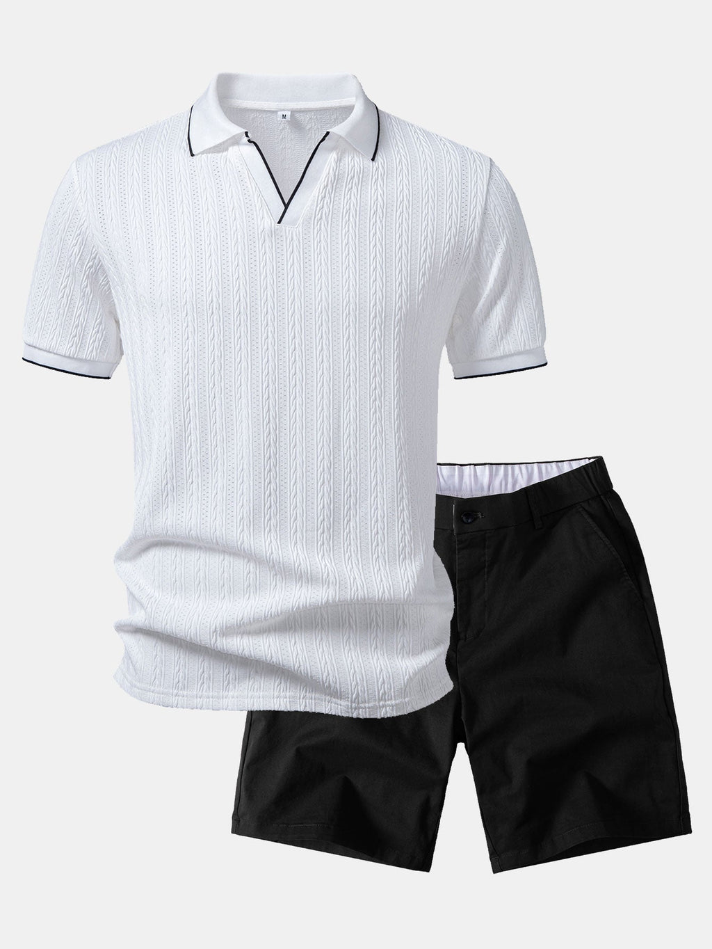 Geometric Jacquard Johnny Collar Polo & Elastic Waist Chino Shorts