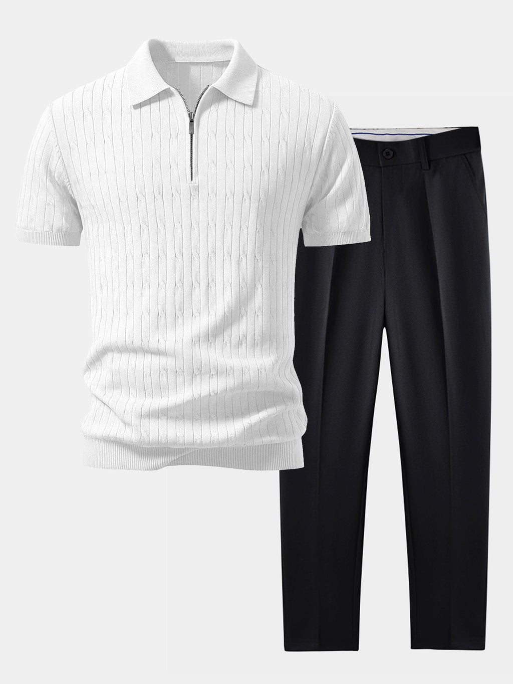 Twisted Jacquard Zipper Knit Polo & Slim Fit Tapered Trousers