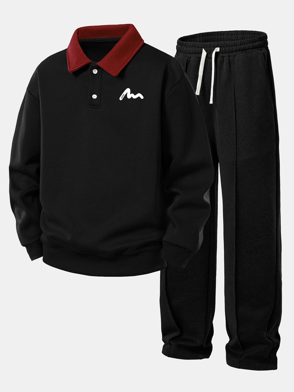 Relax Fit Letter Print Contrast Polo Sweatshirt & Straight Leg Pleated Pintuck Sweatpants