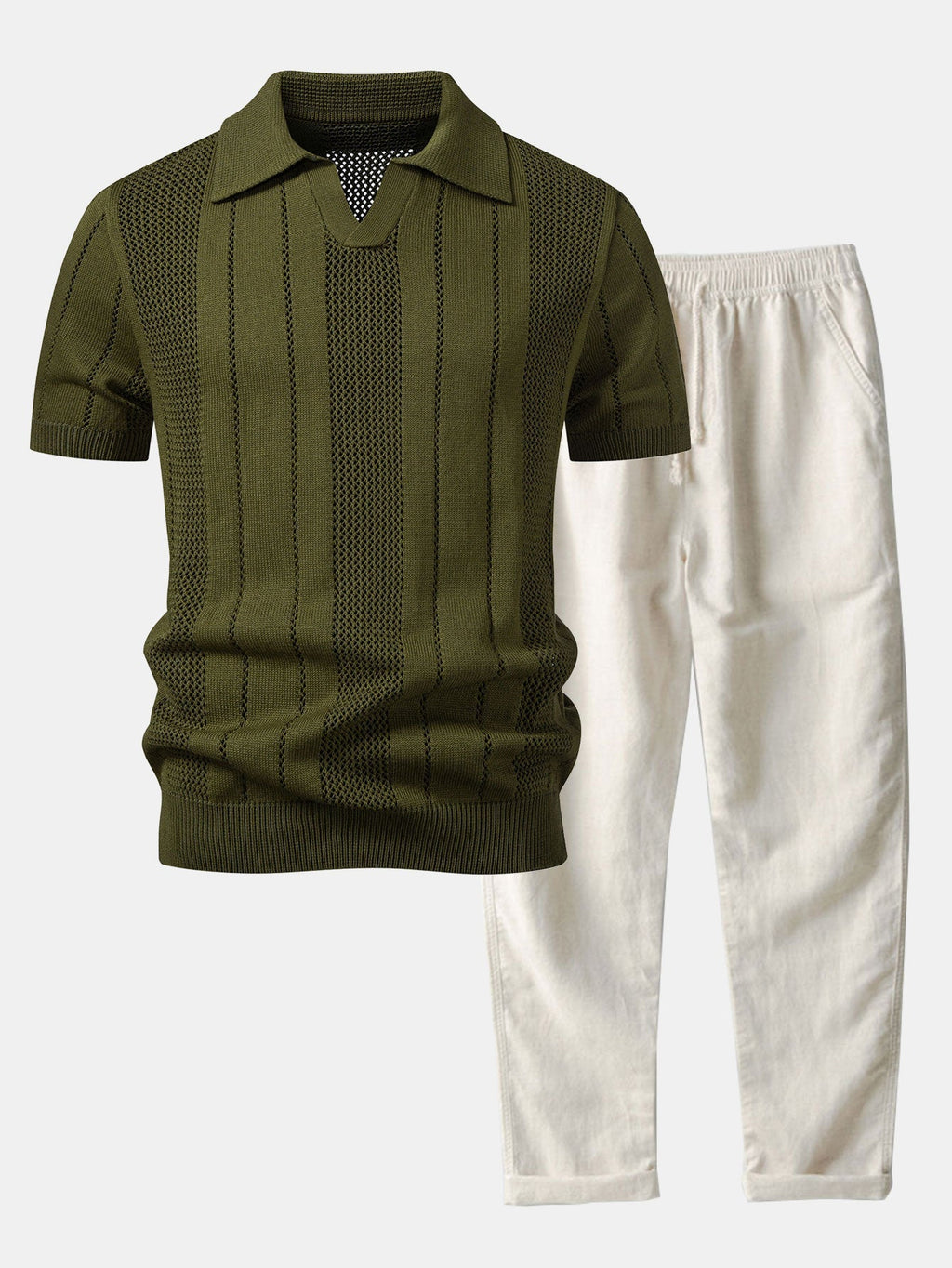 Johnny Collar Striped Open Knit Polo & Straight Leg Linen Pants