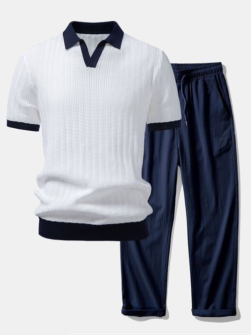 Contrast Textured Johnny Collar Knit Polo & Crinkle Textured Straight Leg Pants