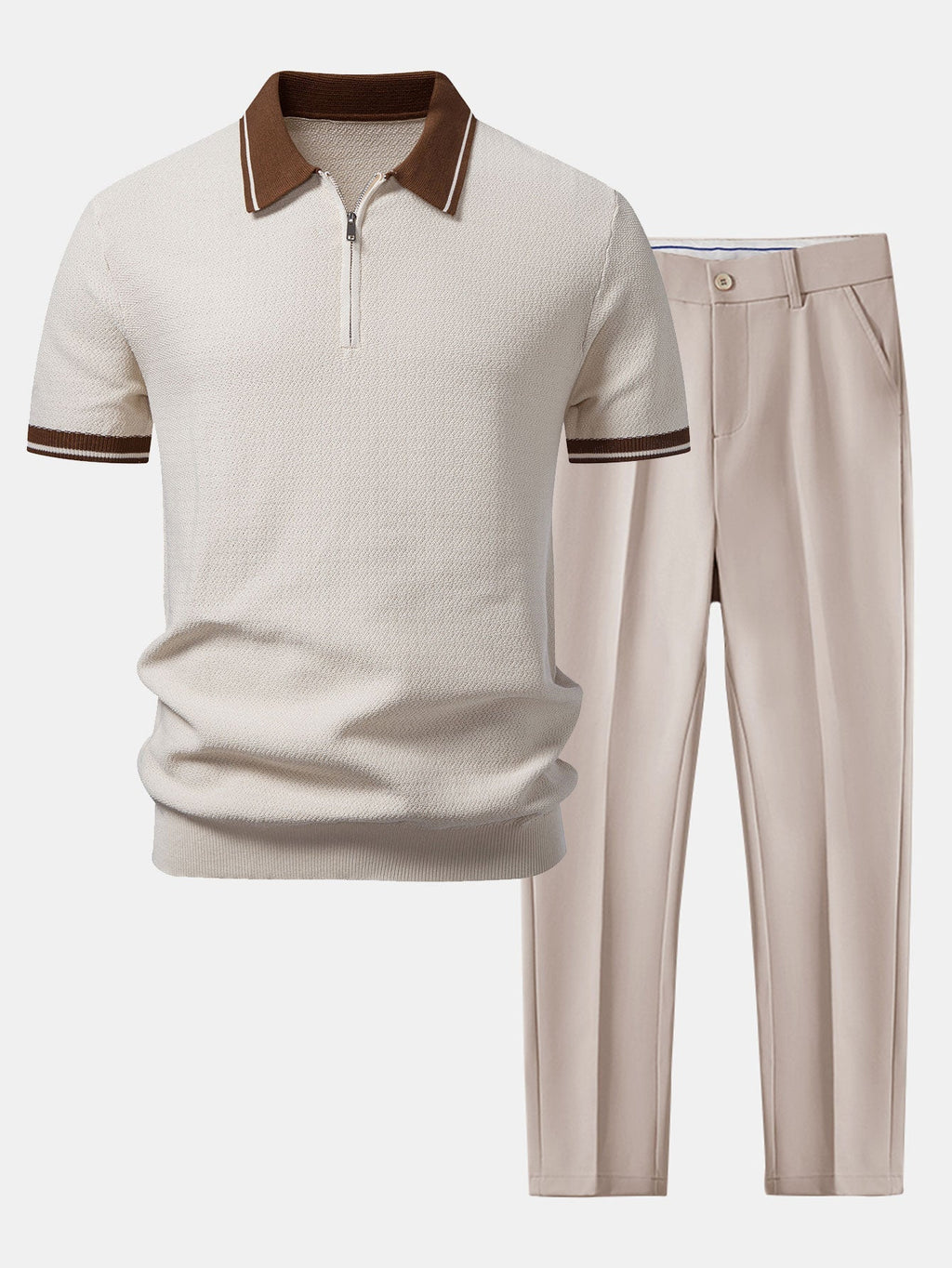 Contrast Zipper Knit Polo & Slim Fit Tapered Trousers
