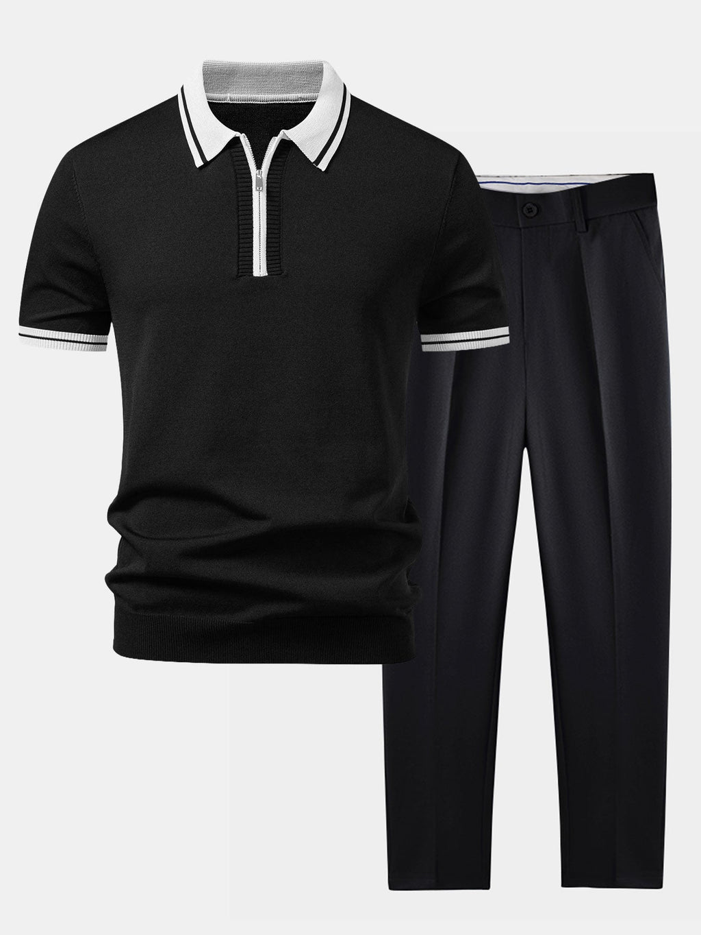 Contrast Trim Zipper Knit Polo & Slim Fit Tapered Trousers
