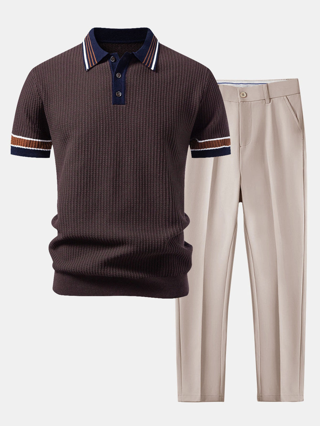 Contrast Stripe Trim Waffle Knit Polo & Slim Fit Tapered Trousers