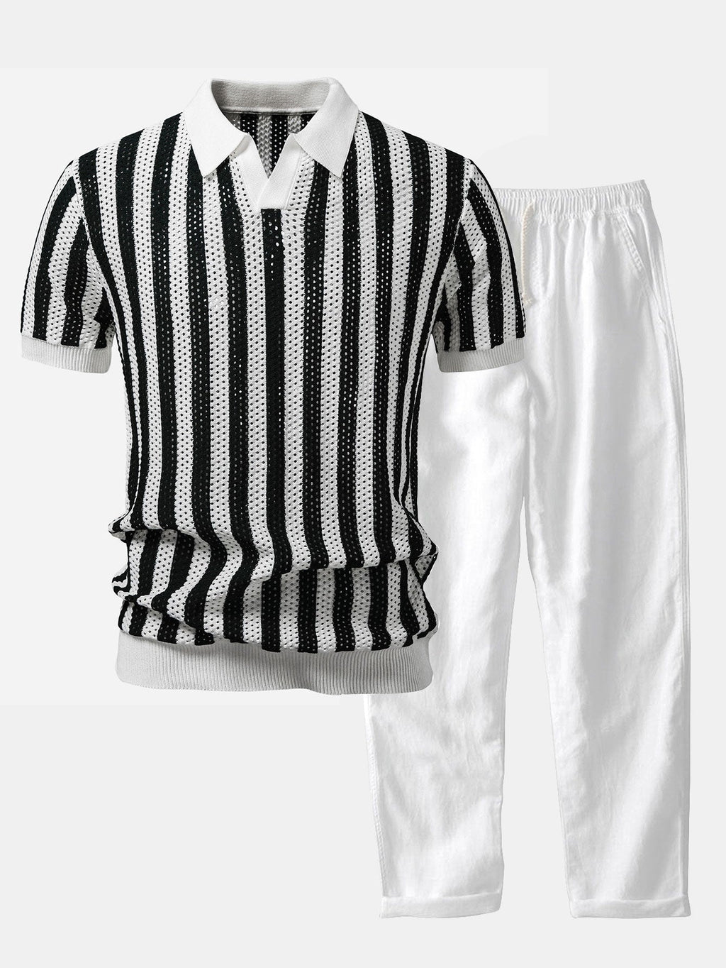 Stripe Johnny Collar Open Knit Polo & Straight Leg Linen Pants