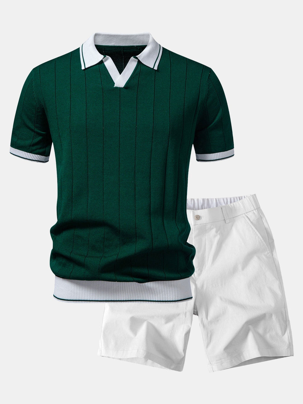 Contrast Trim Ribbed Johnny Collar Knit Polo & Elastic Waist Chino Shorts