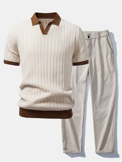 Contrast Textured Johnny Collar Knit Polo & Elastic Waist Straight Leg Trousers
