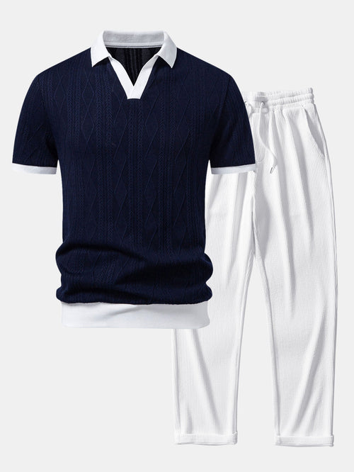 Contrast Geometry Jacquard Knit Polo & Straight Leg Ribbed Pants
