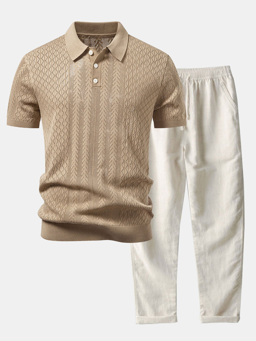 Geometric Jacquard Open Knit Polo & Straight Leg Linen Pants
