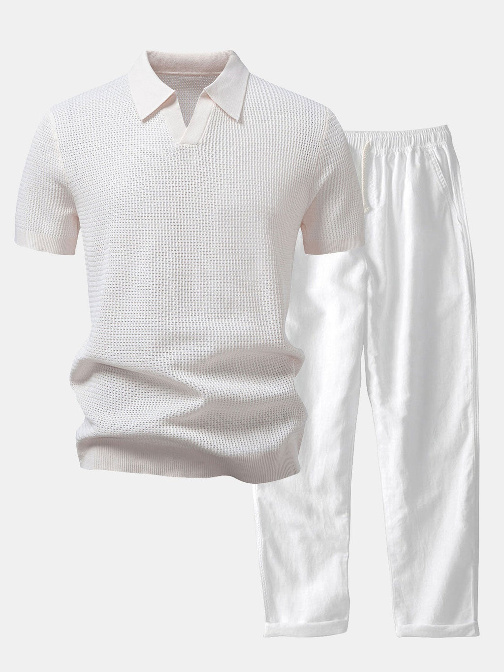 Textured Johnny Collar Crocheted Knit Polo & Straight Leg Linen Pants