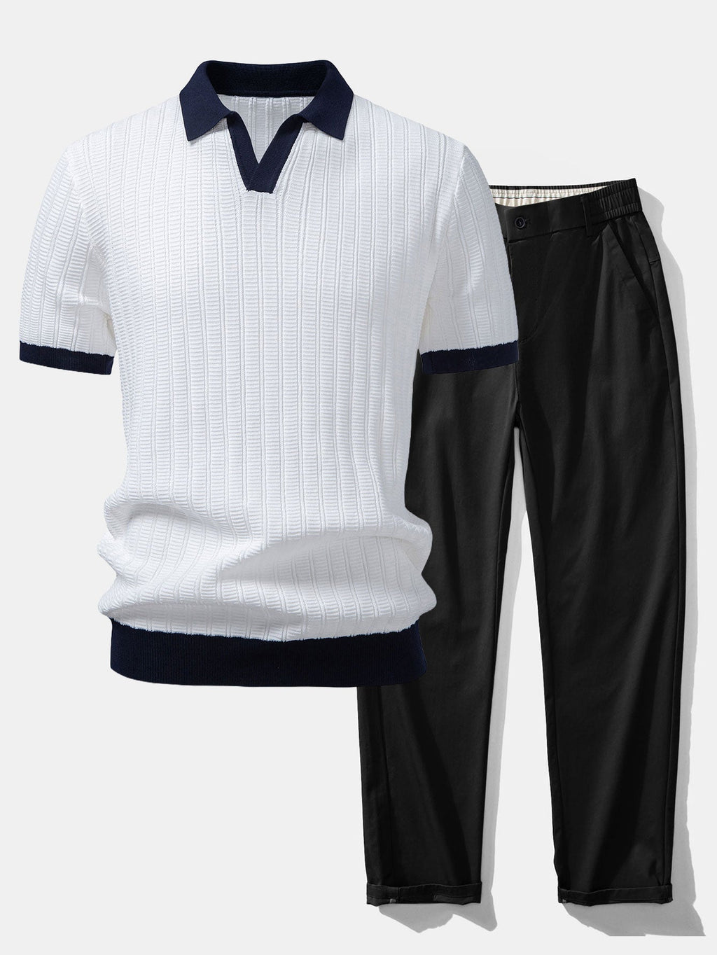 Contrast Textured Johnny Collar Knit Polo & Elastic Waist Straight Leg Trousers