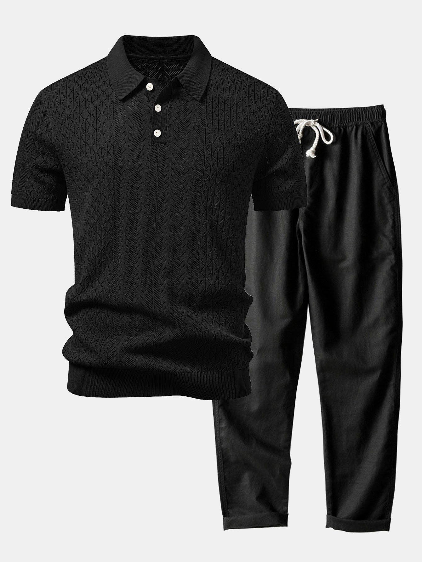 Geometric Jacquard Open Knit Polo & Straight Leg Linen Pants