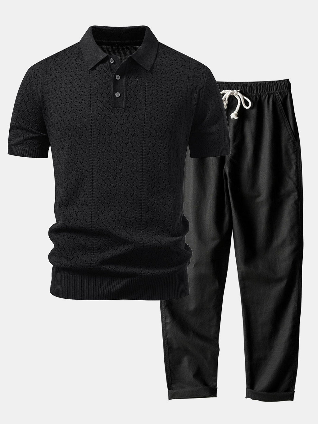 Geometric Jacquard Open Knit Polo & Straight Leg Linen Pants