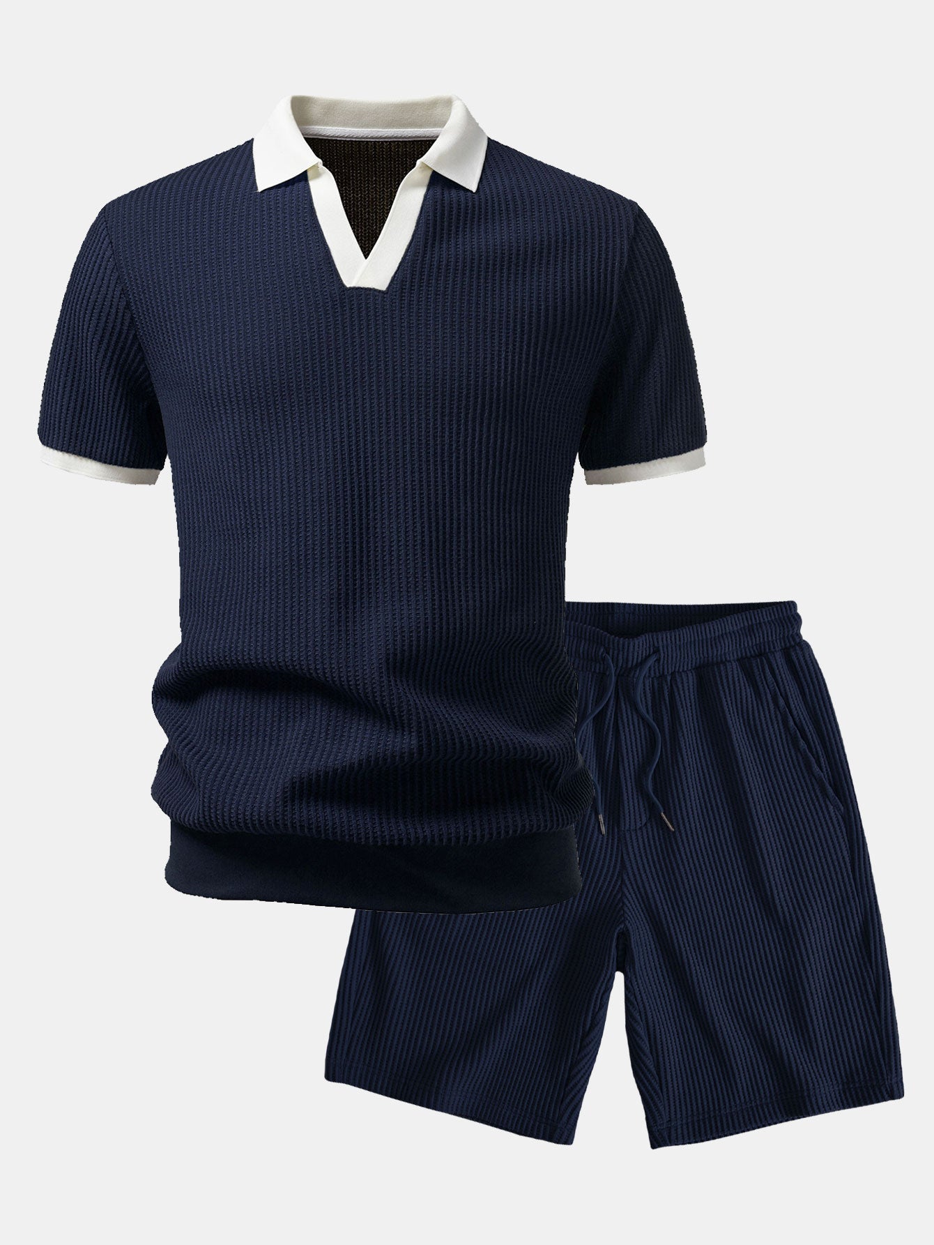 Contrast Knit Waffle Johnny Collar Polo & Drawstring Knitted Waffle Shorts