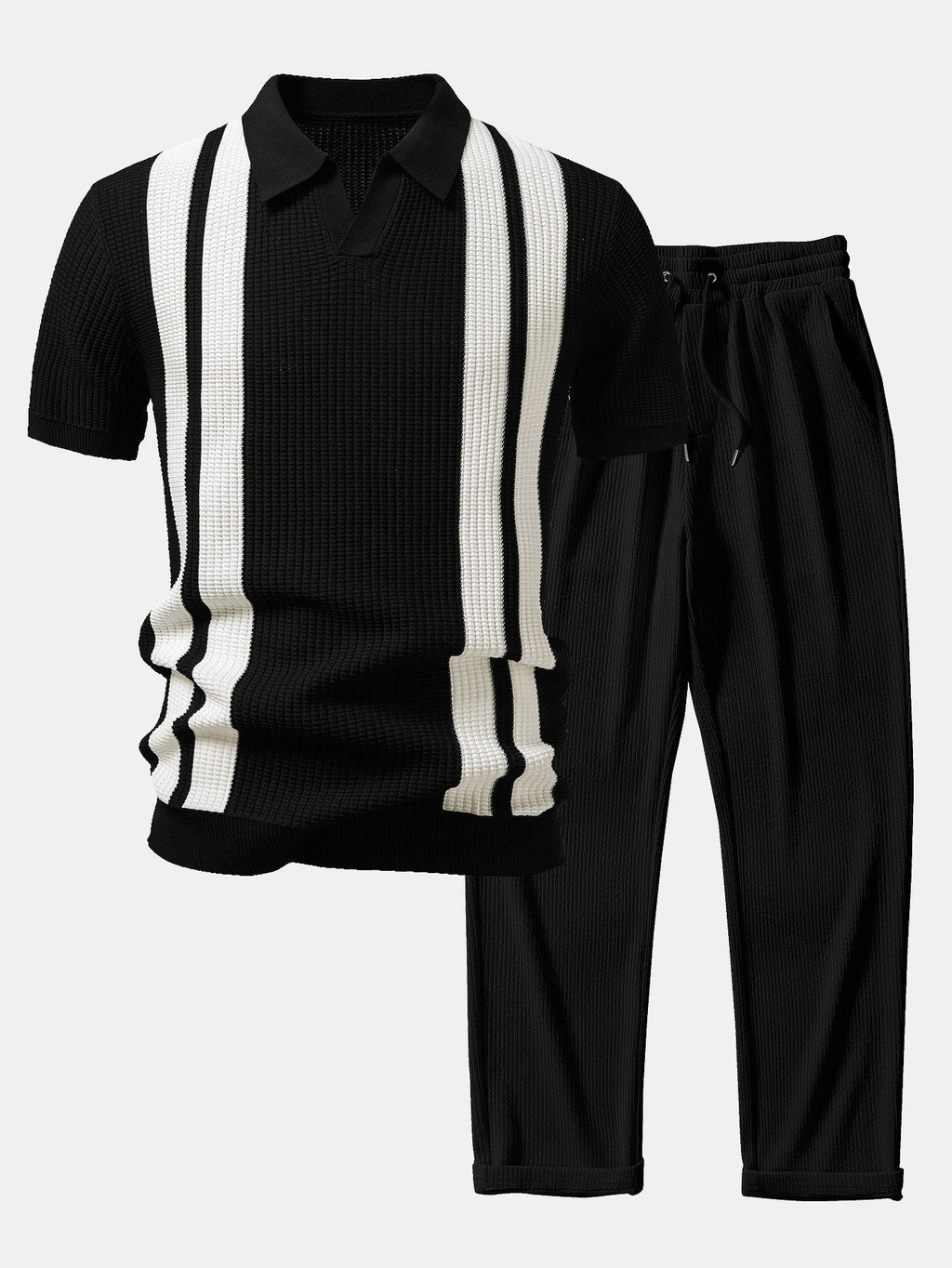Stripe Johnny Collar Knit Polo & Straight Leg Ribbed Pants