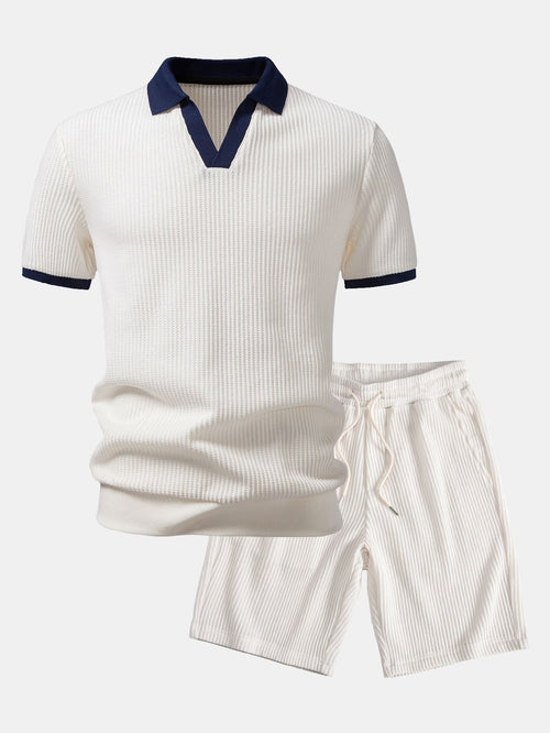 Contrast Knit Waffle Johnny Collar Polo & Drawstring Knitted Waffle Shorts