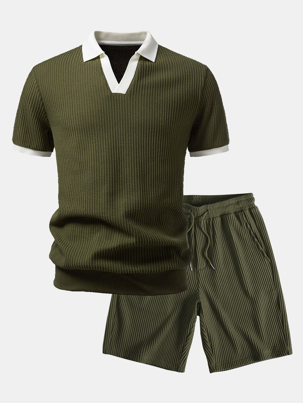 Contrast Knit Waffle Johnny Collar Polo & Drawstring Knitted Waffle Shorts