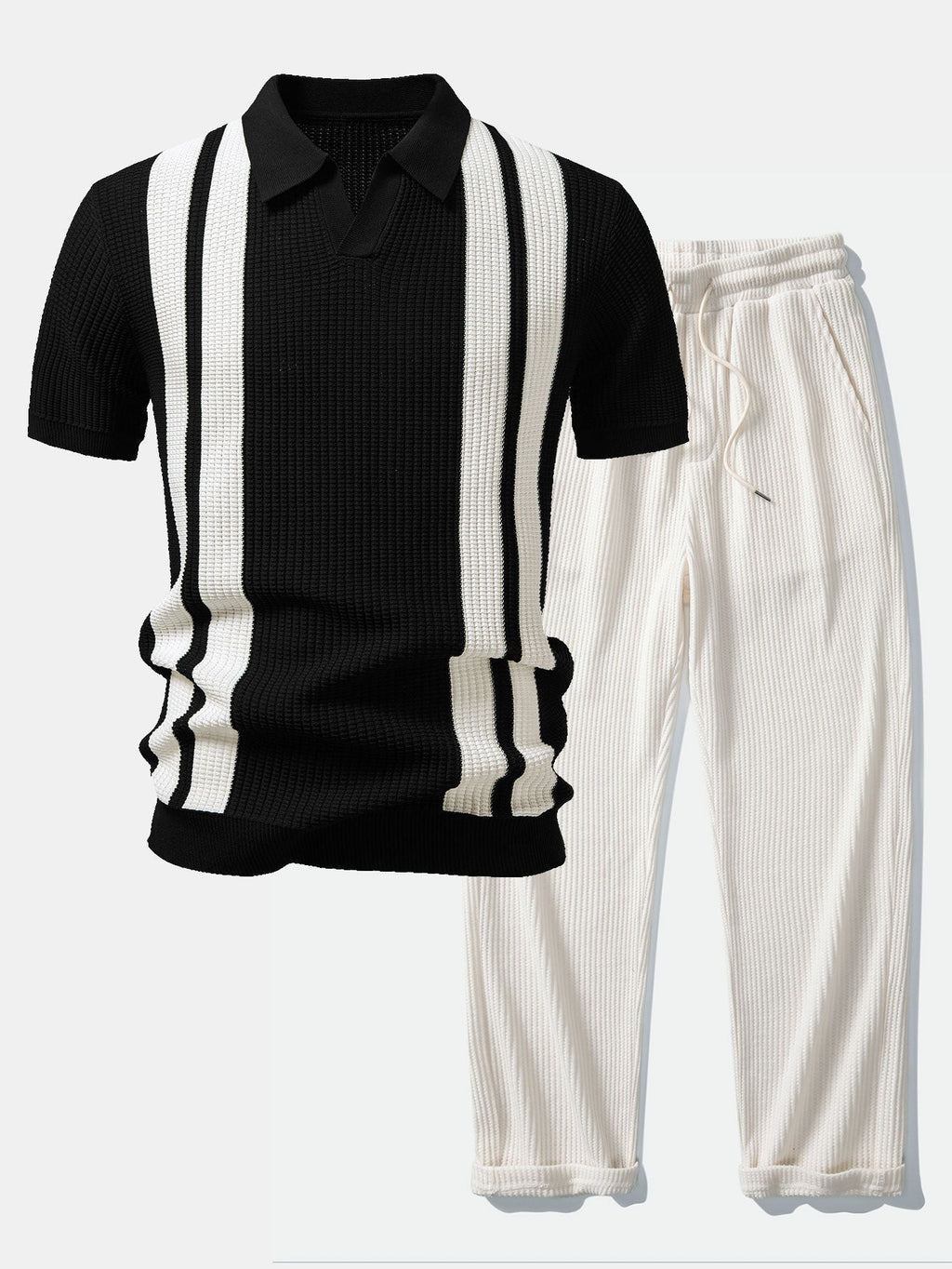 Stripe Johnny Collar Knit Polo & Drawstring Knitted Waffle Pants